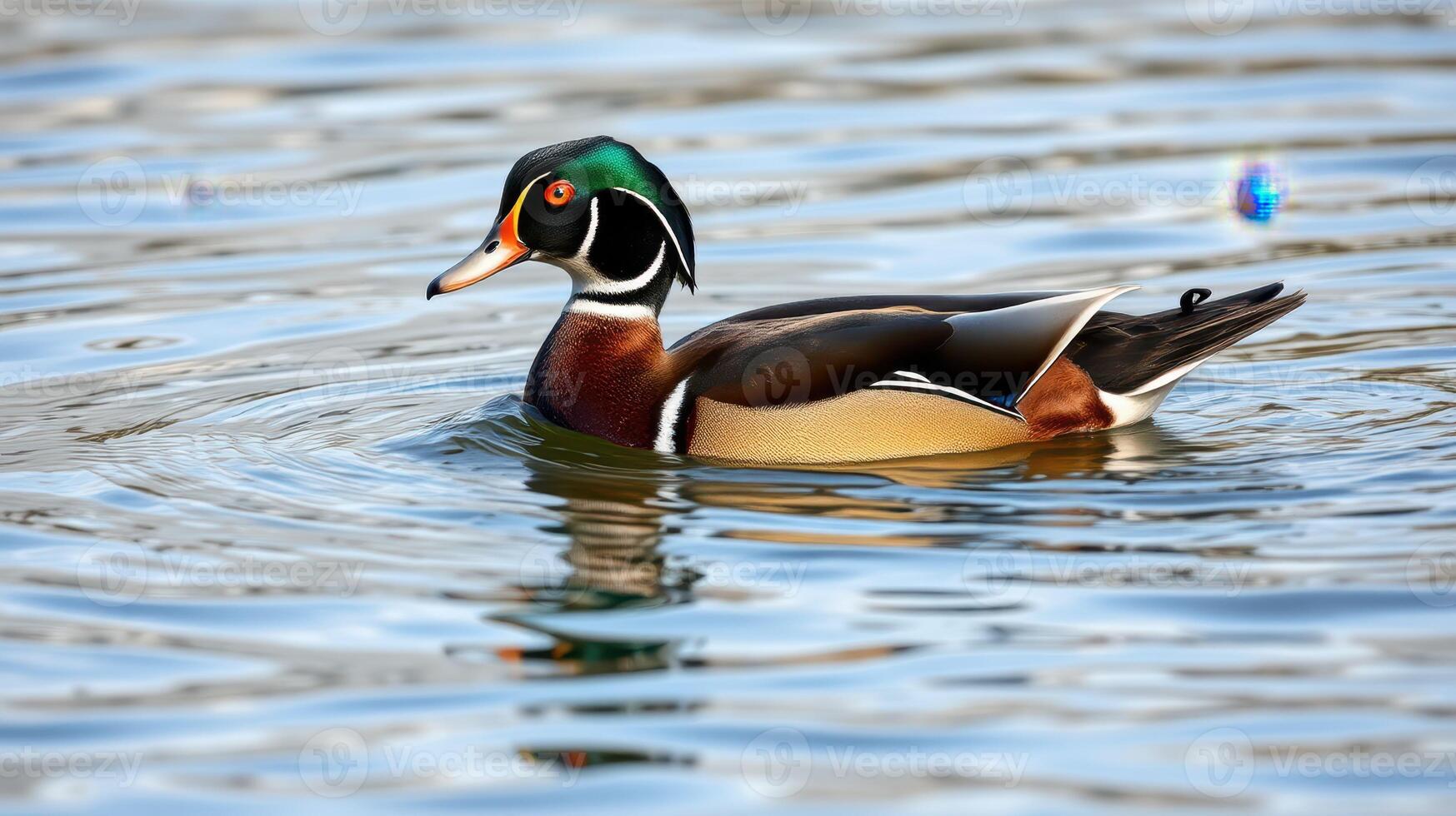 Colorful wood duck swimming peacefully on a serene lake during a sunny day in spring photo