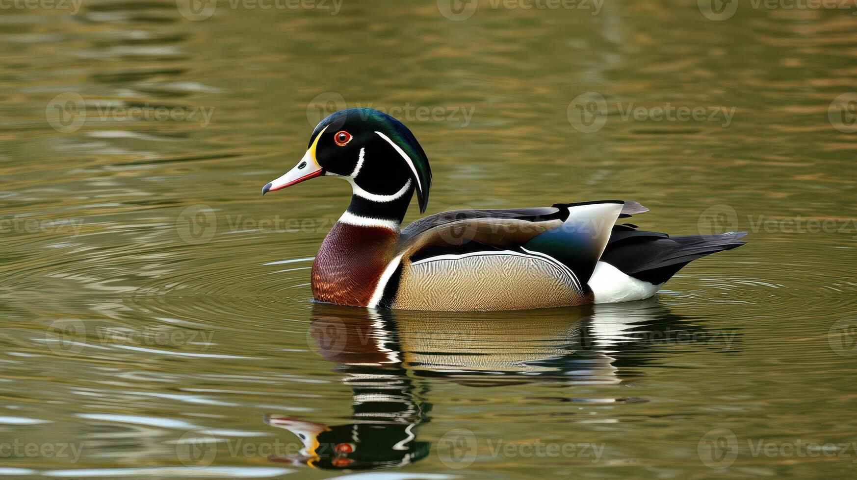 Colorful wood duck swimming gracefully in a serene pond during a sunny afternoon in a natural habitat photo