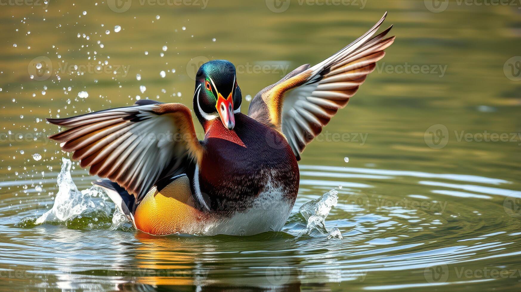 Colorful duck flapping wings while splashing water in calm pond at midday photo