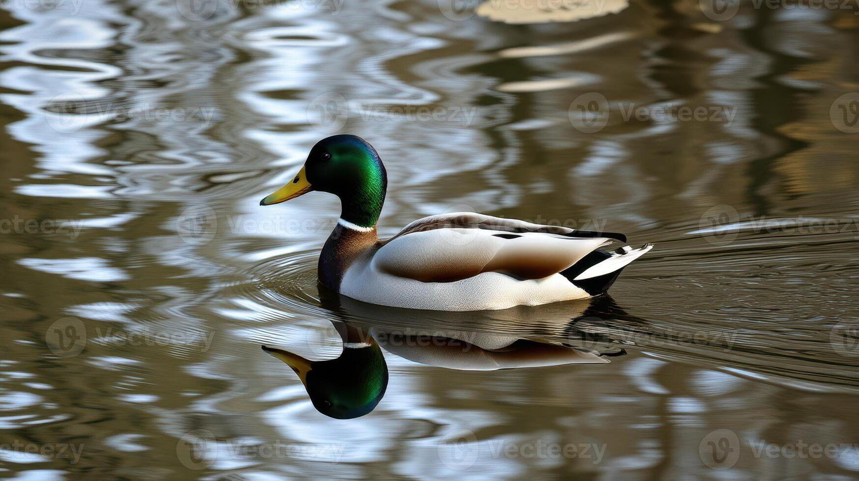 Beautiful mallard duck swimming calmly in a serene pond surrounded by reflections on a sunny day photo