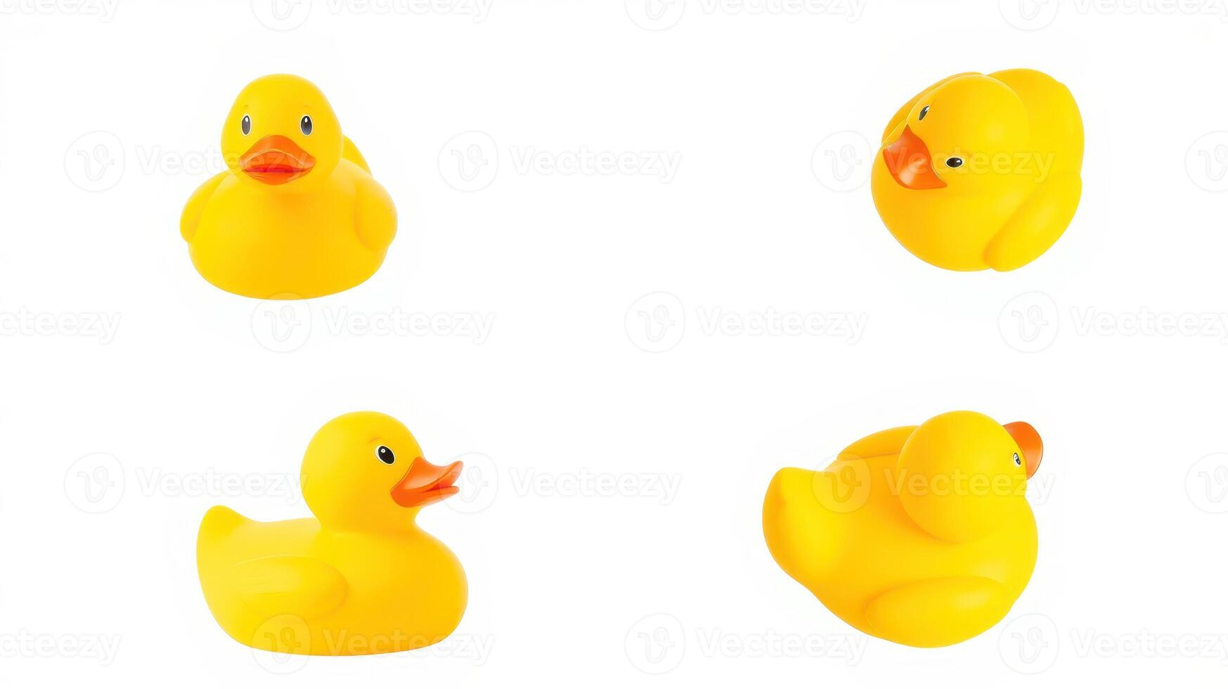 Variety of yellow rubber ducks displayed from different angles on a white background for playful decoration or toys photo