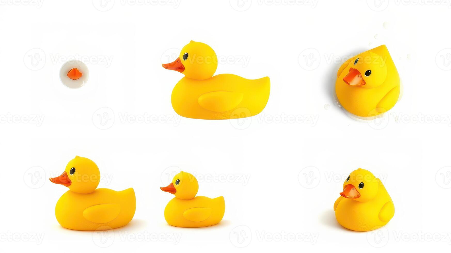 Collection of playful yellow rubber ducks in various sizes arranged in a creative display photo