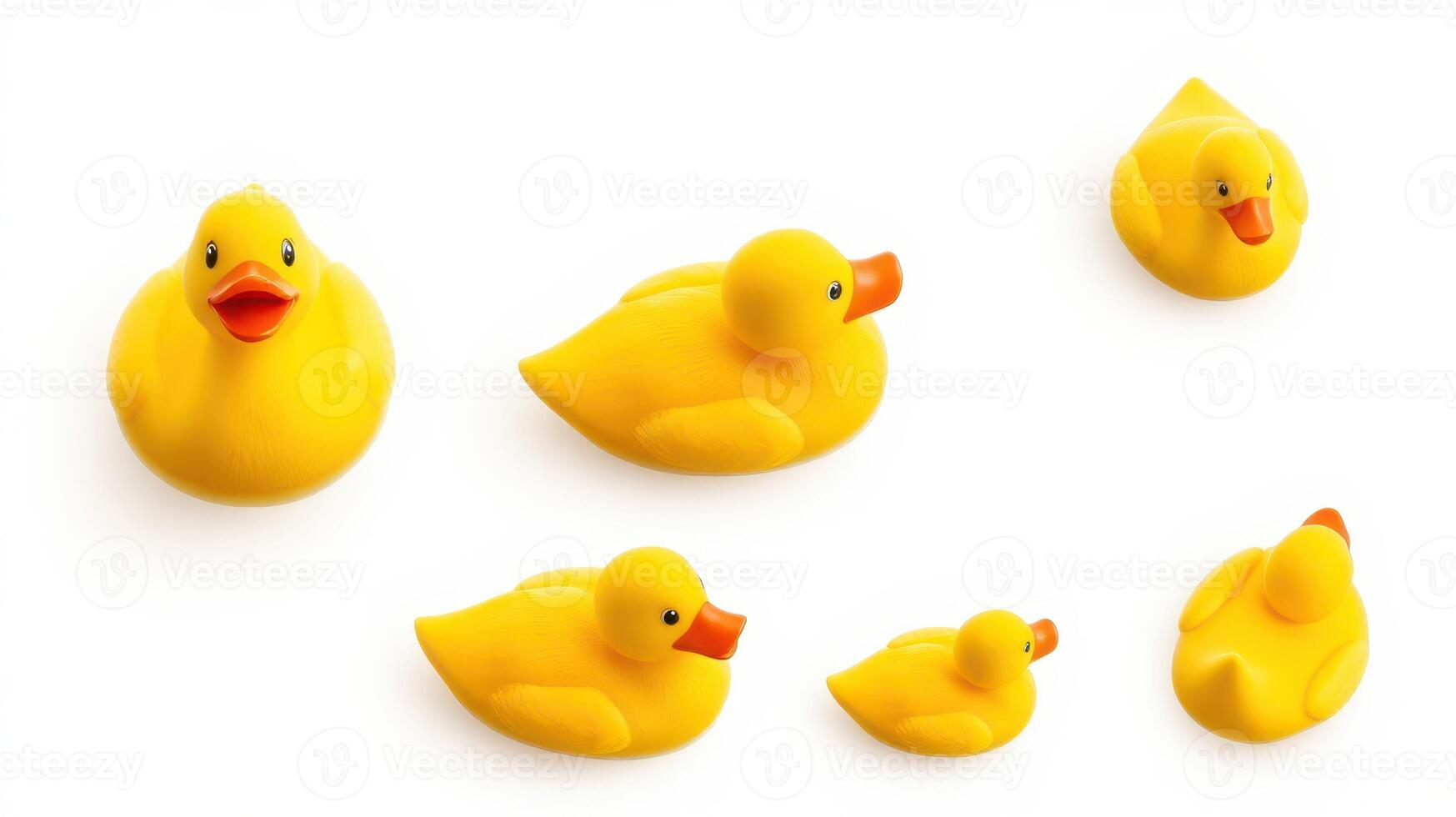 Colorful collection of playful rubber ducks in various sizes on a white background photo