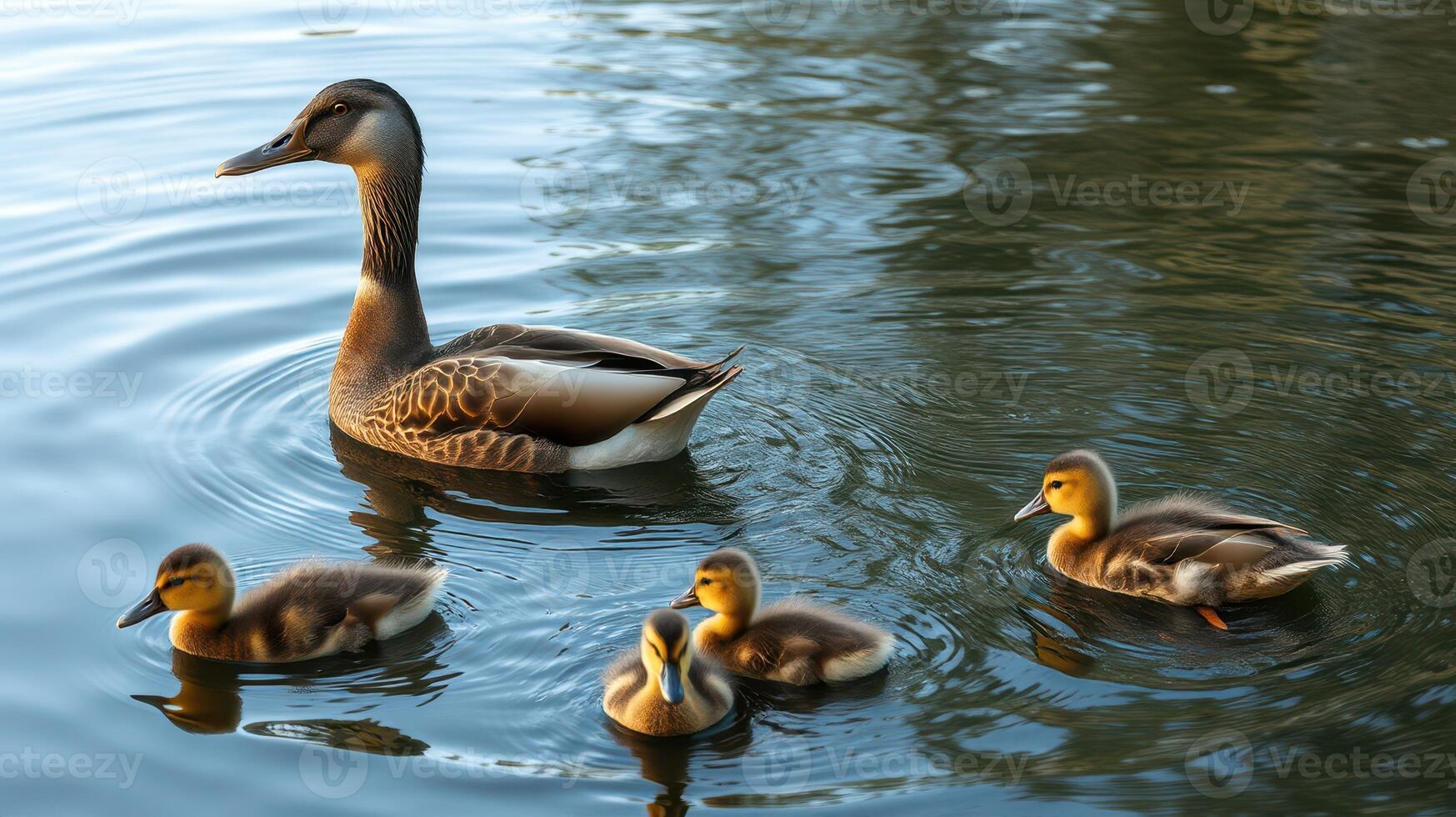 Mother duck swims gracefully with her adorable ducklings in a peaceful lake during sunset photo