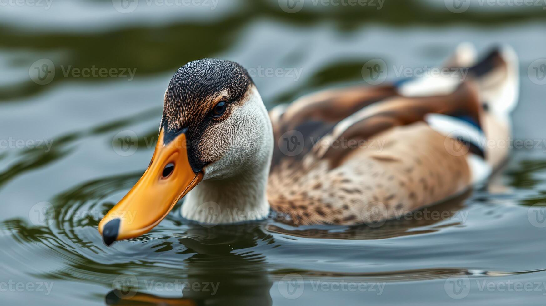 Mallard duck swimming gracefully in a serene pond surrounded by lush greenery during the early morning hours photo