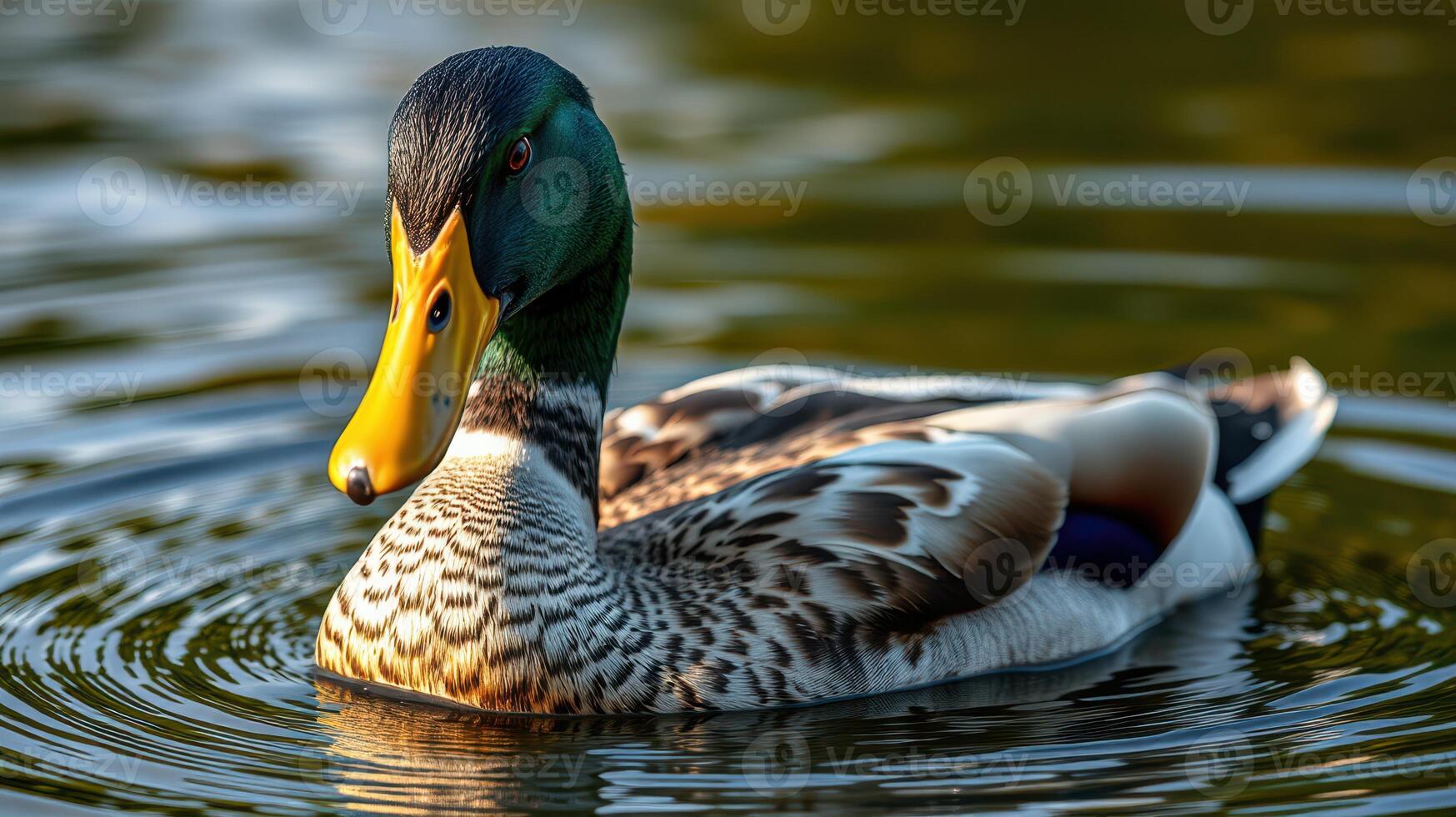 Mallard duck swimming in serene water at a tranquil lake during golden hour photo