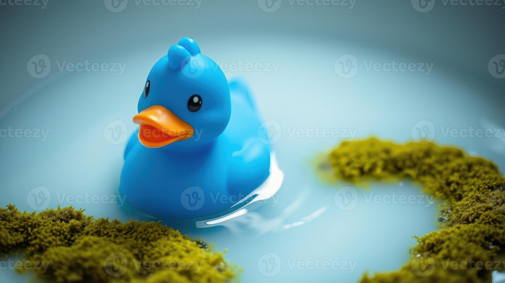 Bright blue rubber duck floating peacefully in calm water surrounded by green moss photo
