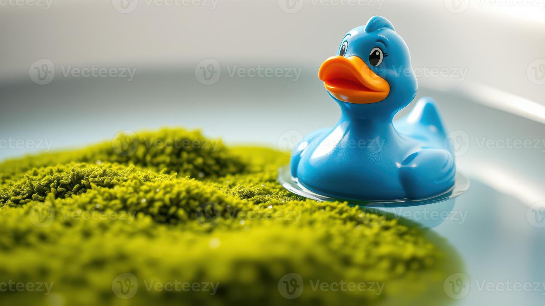 Cute blue rubber duck floating in a calm green moss-covered pond during a sunny day photo