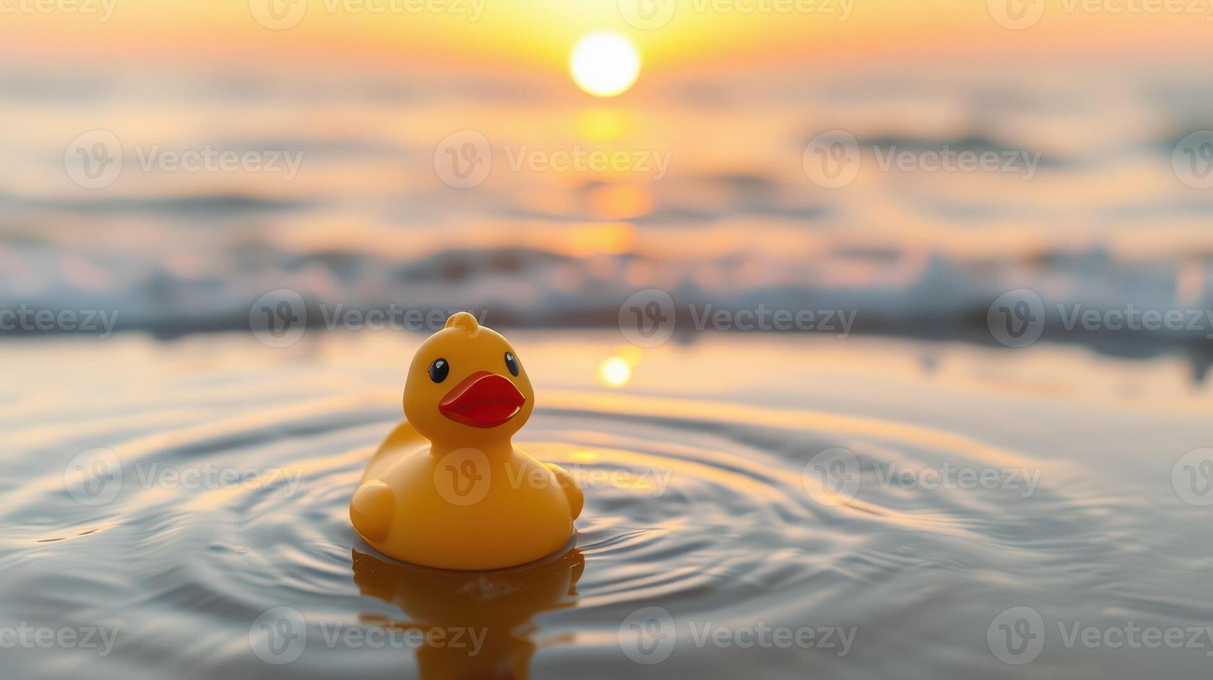 Rubber duck floats in calm ocean waves at sunset creating a serene beach atmosphere photo