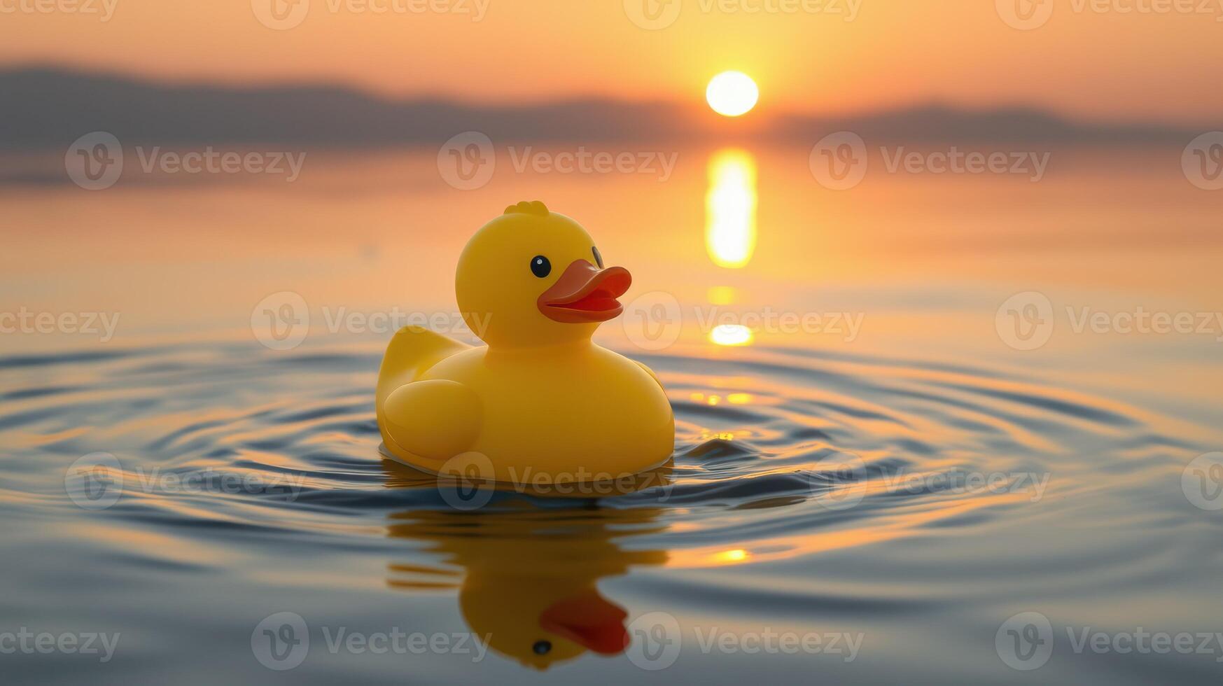 Yellow rubber duck floats on calm water at sunset, creating a serene and peaceful atmosphere photo