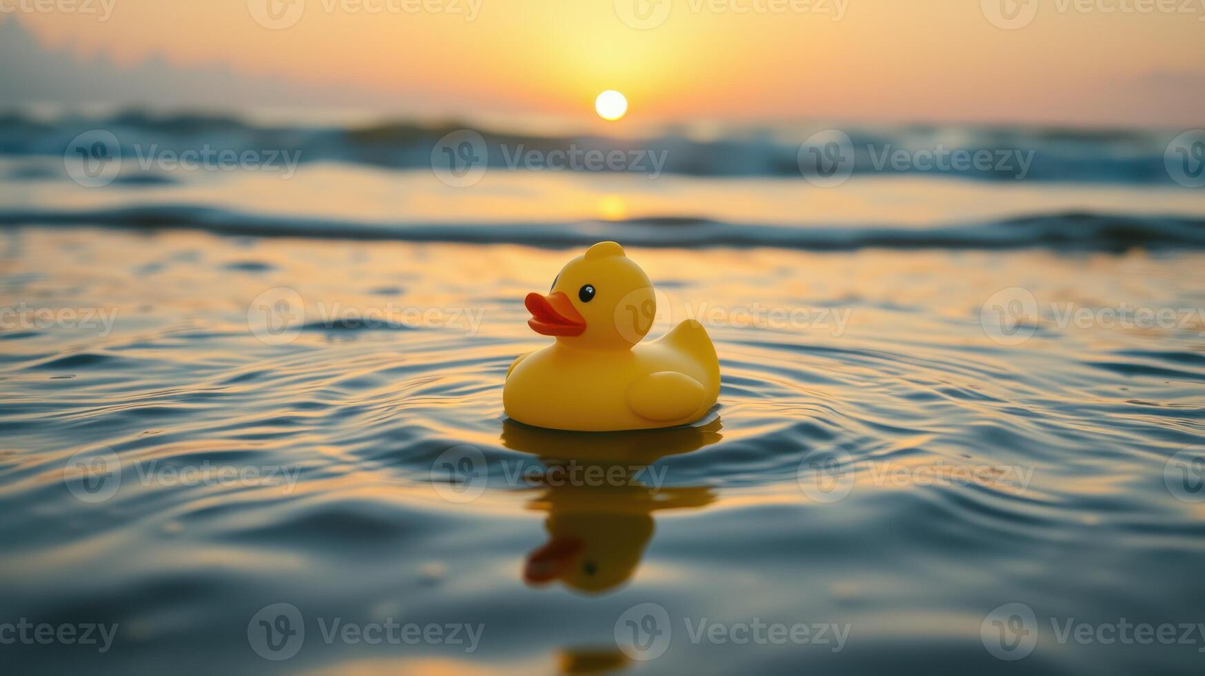 Yellow rubber duck floats serenely in ocean waves during sunset near the shoreline photo