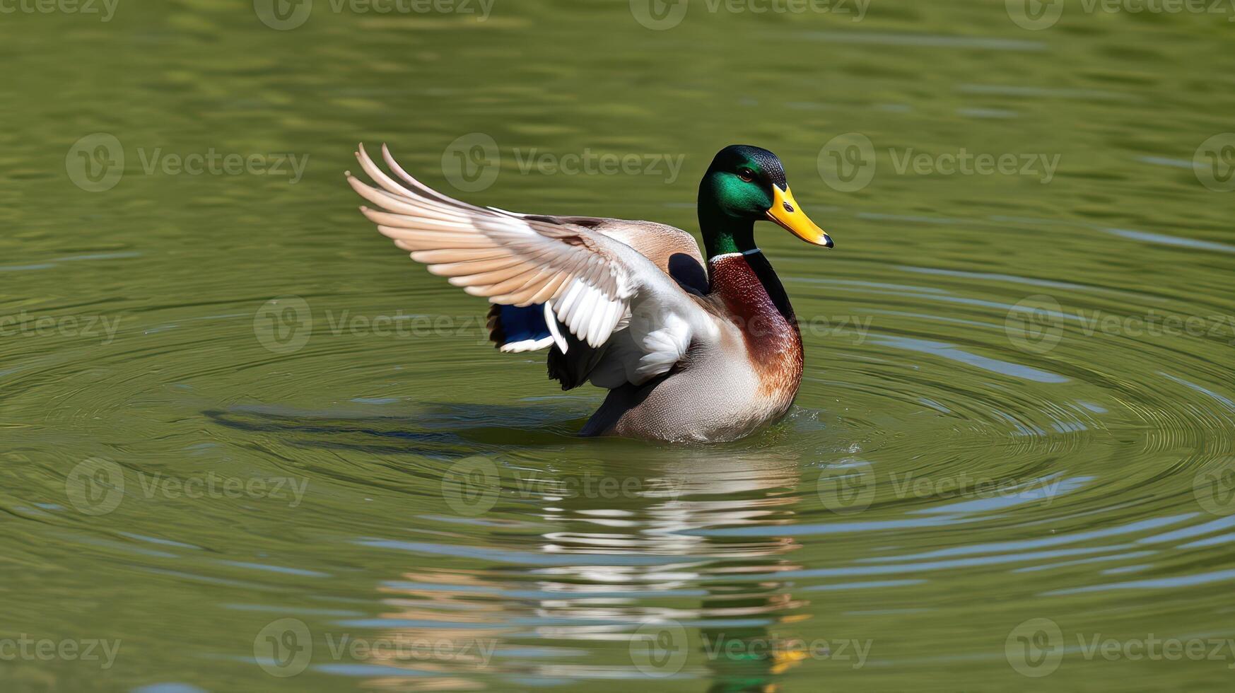 Male duck flapping wings on calm water during sunny day in a serene park environment photo