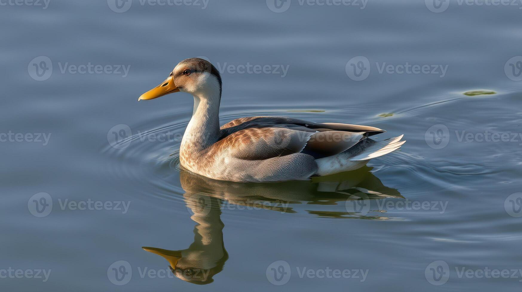 Duck swimming gracefully on calm water with reflection during a sunny day in a serene natural setting photo