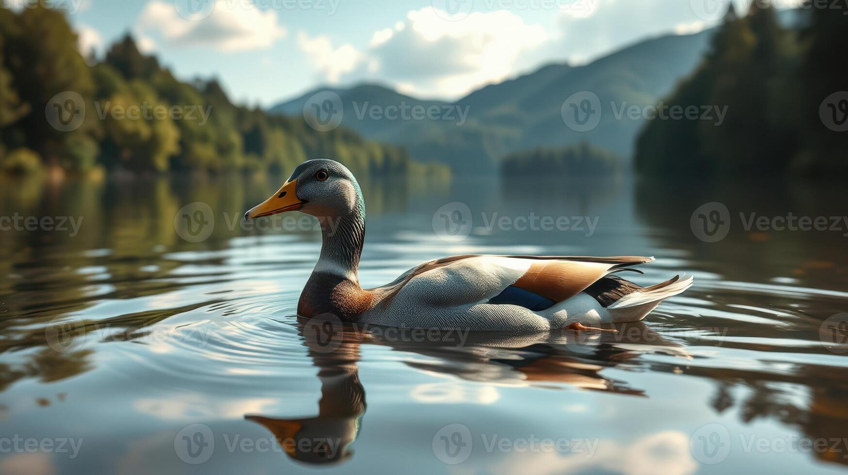 Duck gliding peacefully on calm lake surrounded by lush forest and distant mountains under a clear sky photo