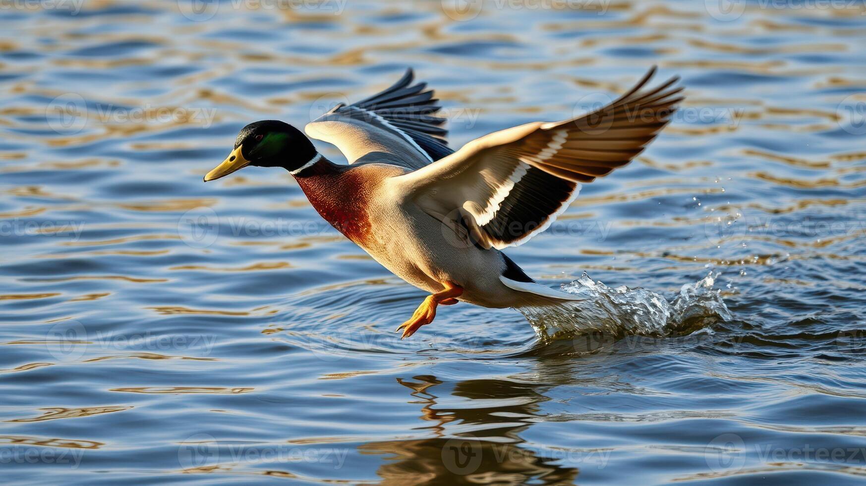 Mallard duck taking flight from water at sunset, showcasing vibrant feathers and rippling reflections photo