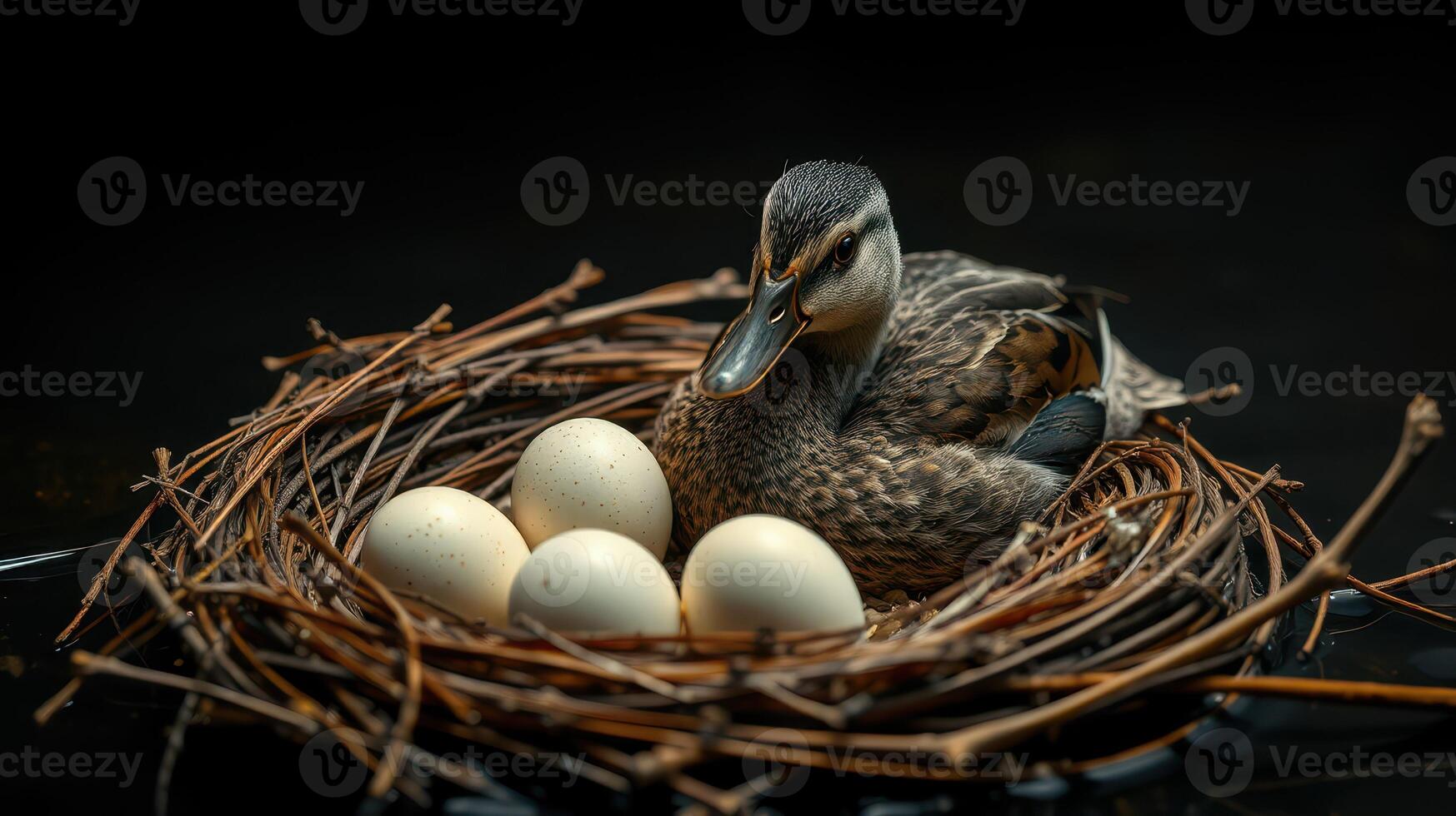 Duck resting in a nest with eggs during early morning light photo