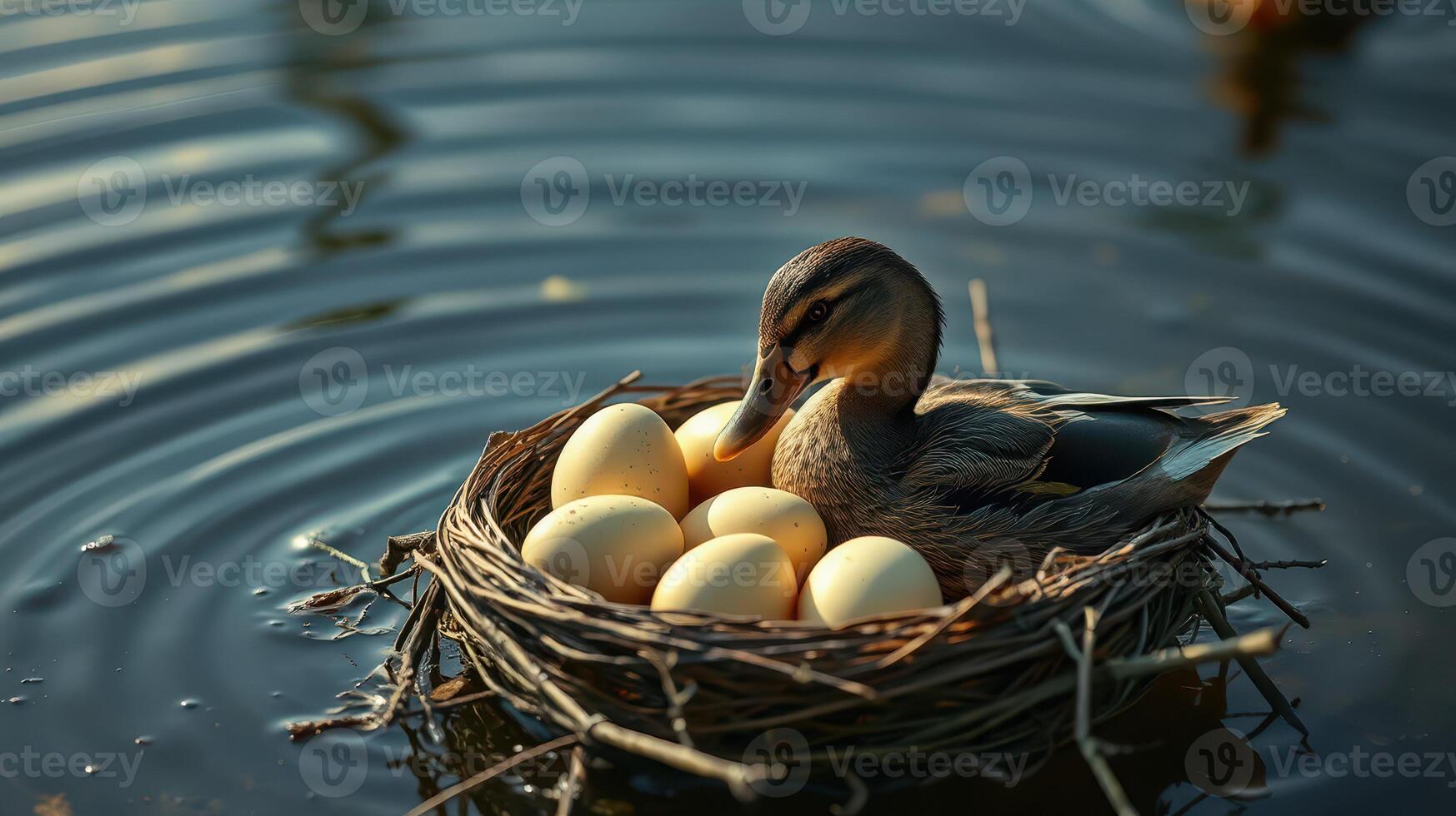 Duck sitting on a nest with eggs in a serene pond during morning light photo