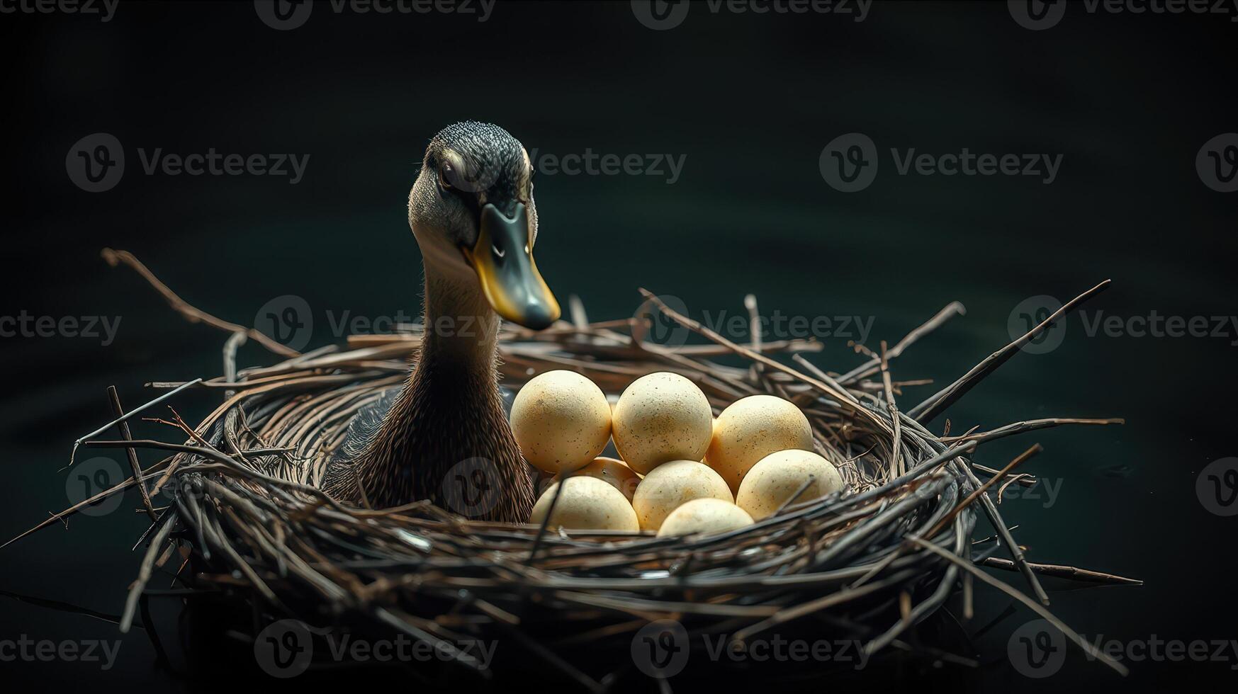 Duck sitting in a nest with several eggs in a dimly lit environment during the nesting period photo