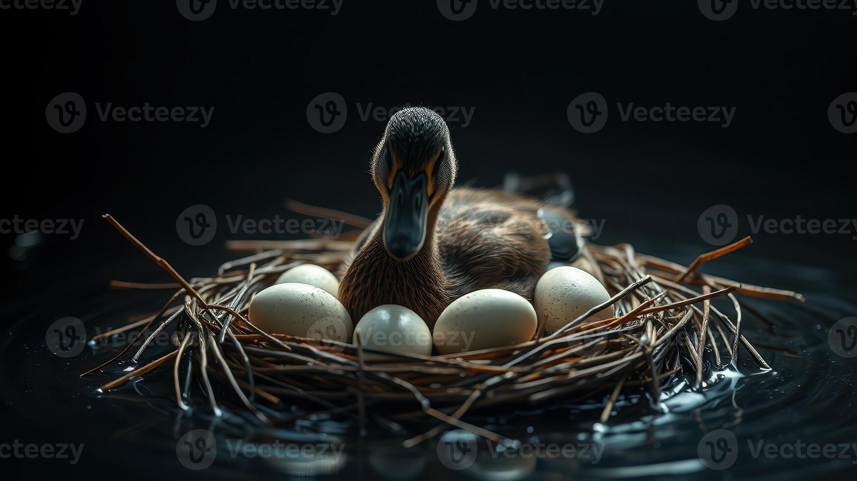 Duck sitting on eggs in a cozy nest surrounded by calm water during a serene evening setting photo