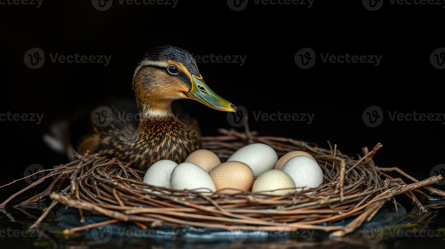 Mother duck caring for her eggs in a nest surrounded by twigs and grasses during sunrise photo