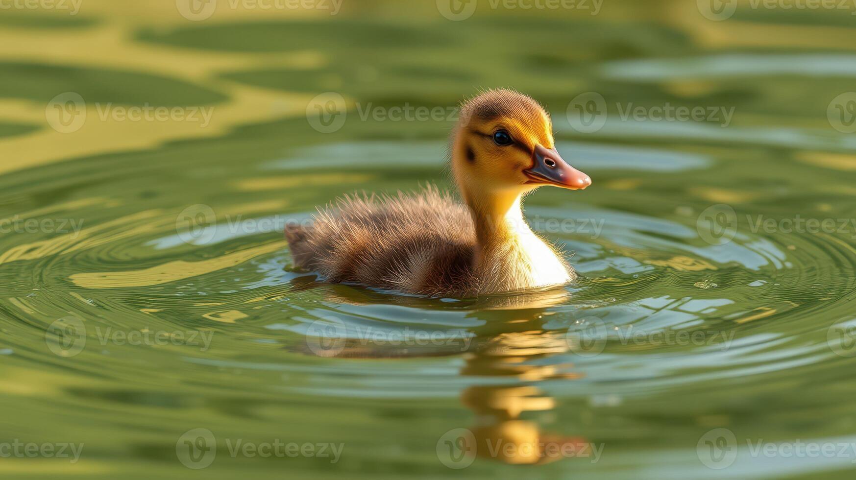 Cute duckling swimming peacefully in a serene pond during golden hour photo