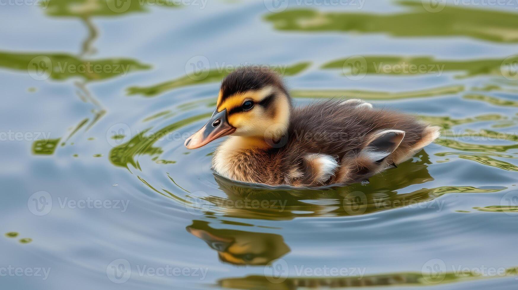 Duckling glides through calm waters surrounded by gentle ripples during a sunny day in a tranquil setting photo