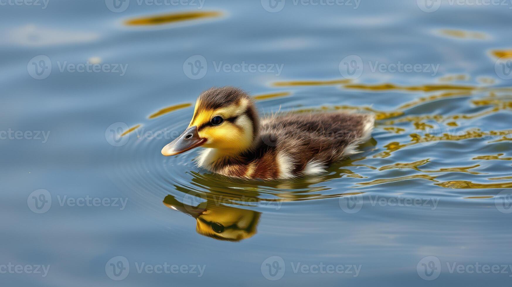 Duckling swims gracefully in tranquil waters during a sunny afternoon photo