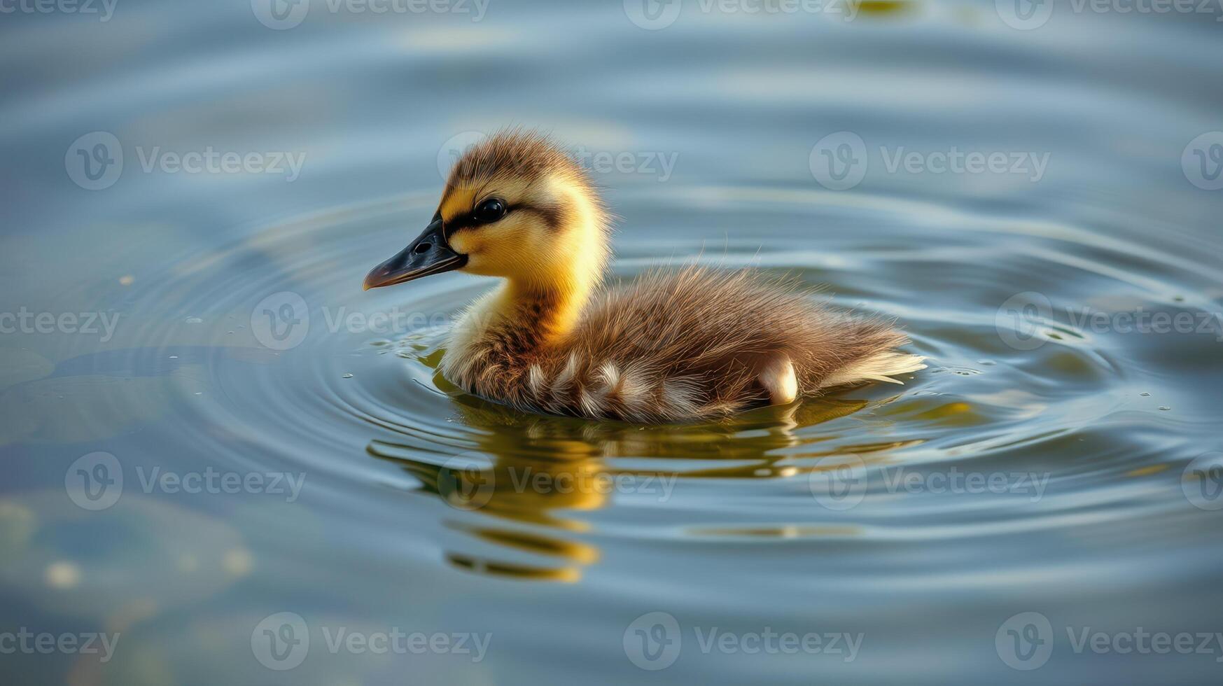 Duckling swims gracefully in calm water during a sunny day at a serene pond photo
