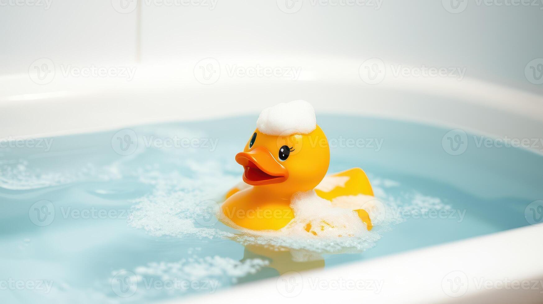Floating yellow rubber duck in a bathtub filled with blue water creating bubbles during a relaxing bath time photo