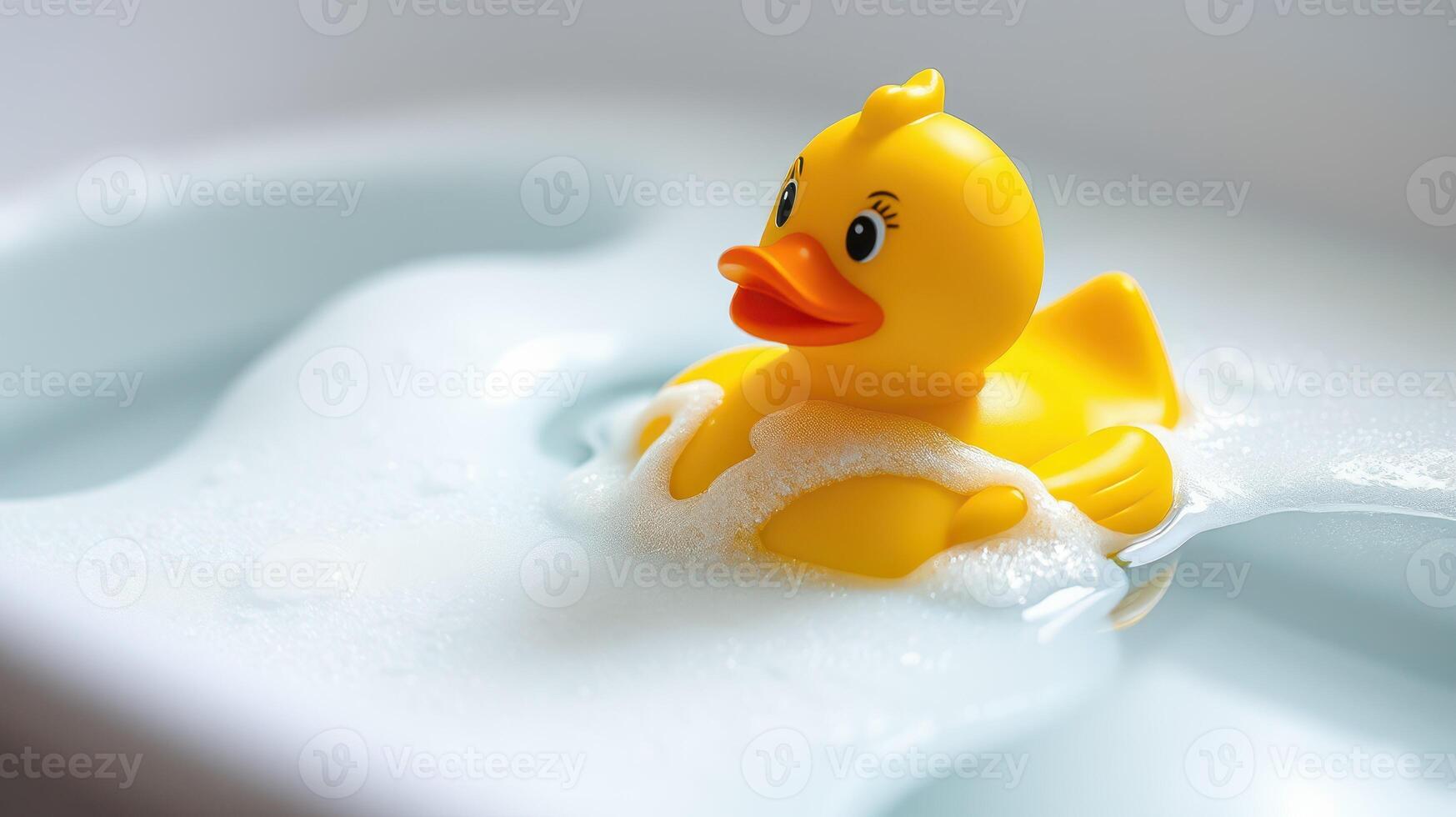Bright yellow rubber duck floating in creamy bathwater enjoying a relaxing soak during a playful bath time photo