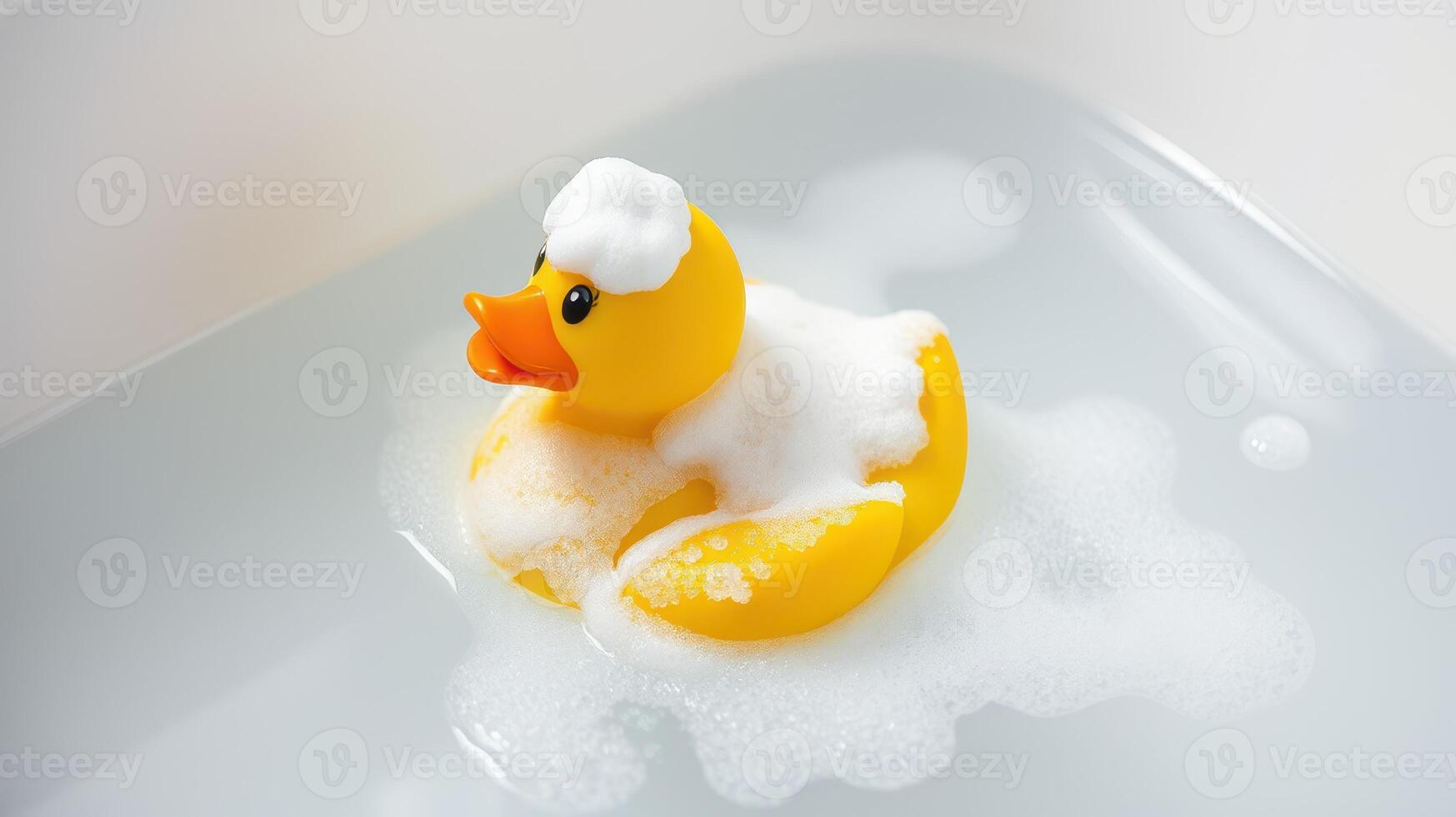 Rubber duck enjoys a bubble bath in a bright, clean setting with playful foam photo