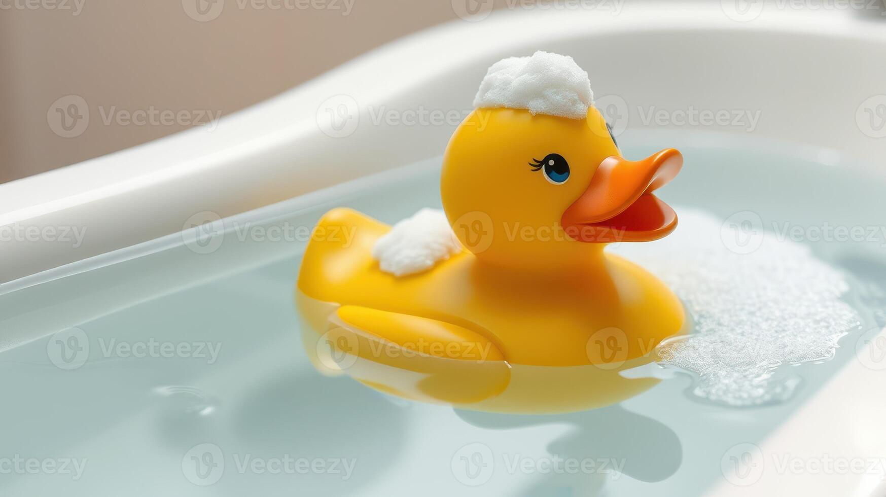 Bright yellow rubber duck floating in a bubbly bathtub, perfect for bath time fun and relaxation for children photo