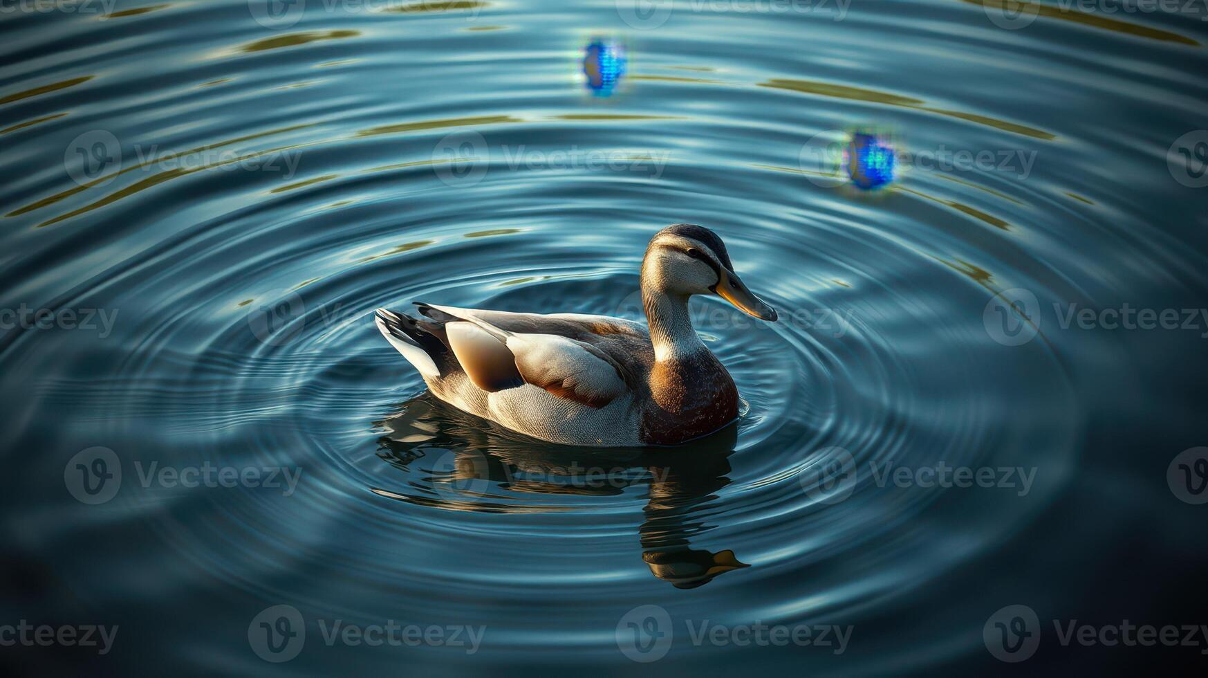 Duck swimming peacefully on a tranquil lake with ripples reflecting sunlight during afternoon hours photo
