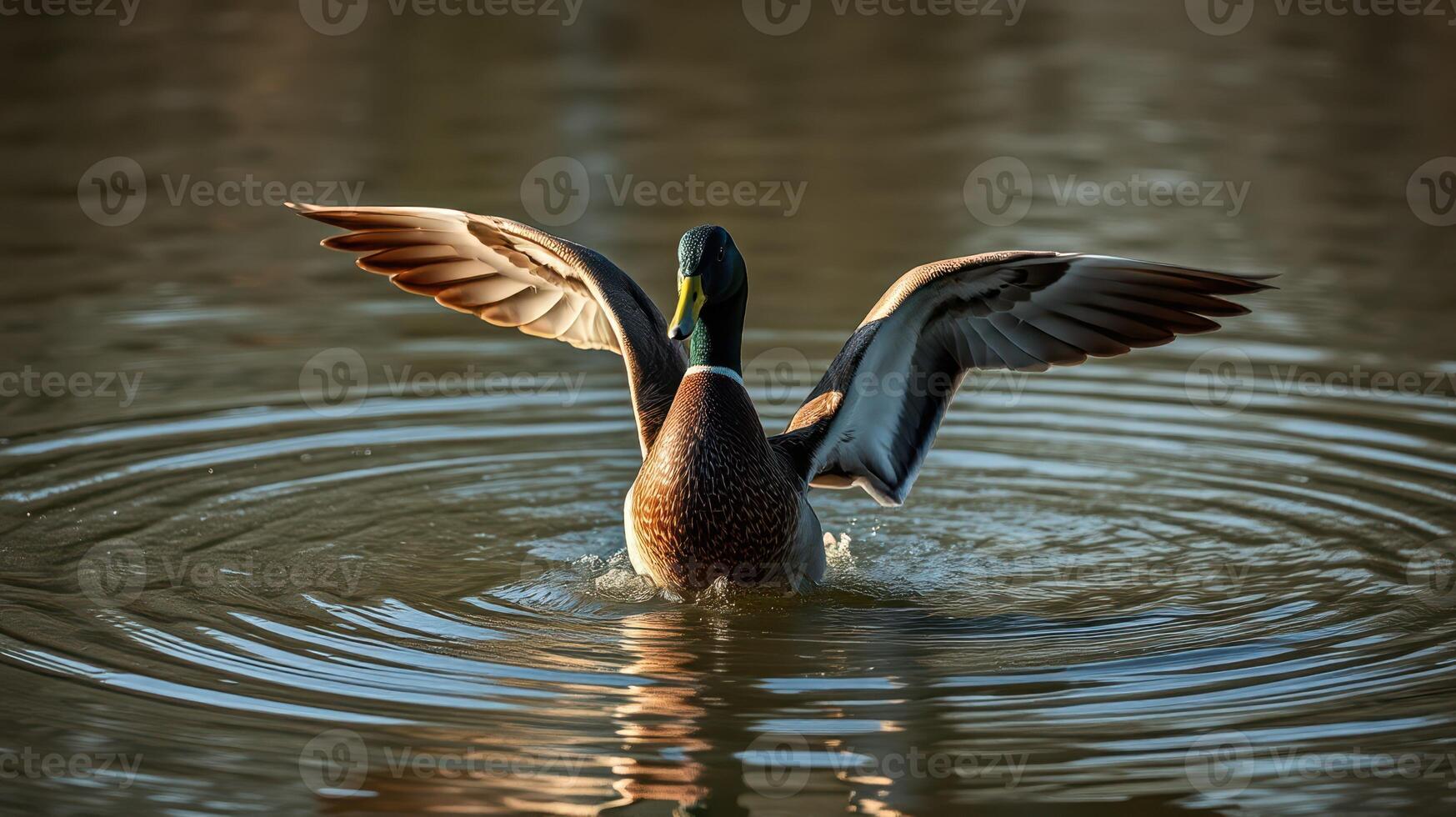 Duck spreading wings on tranquil water surface during golden hour at a serene lake photo