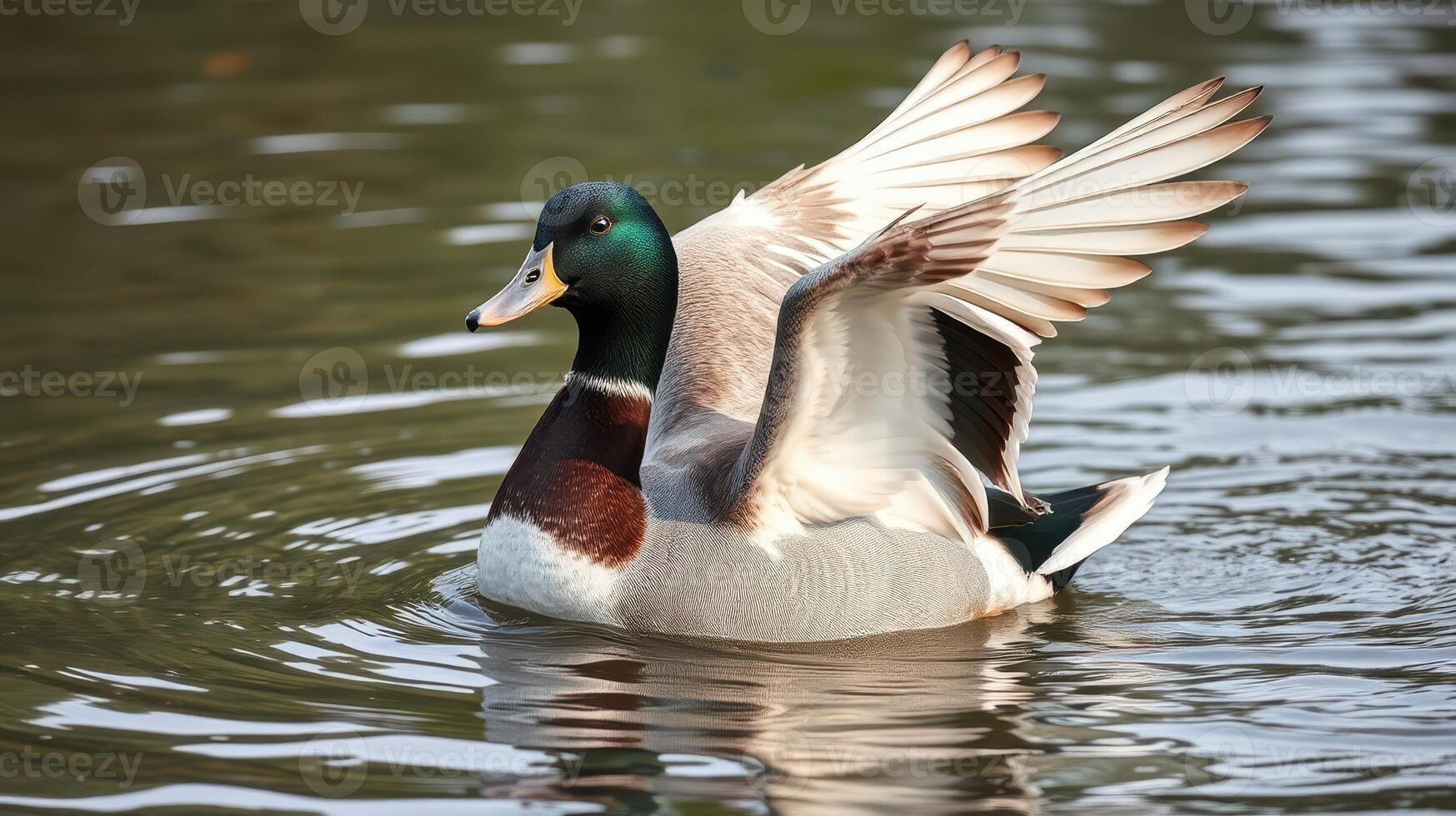 Male duck flapping wings while swimming in a serene pond on a sunny afternoon photo