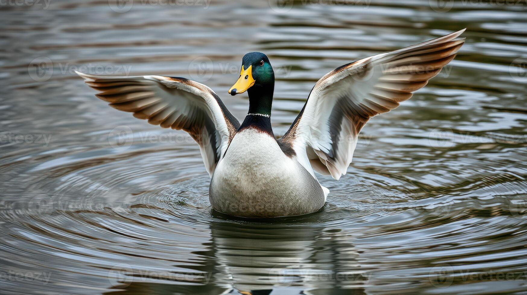 Duck flapping wings on tranquil water in a natural setting photo