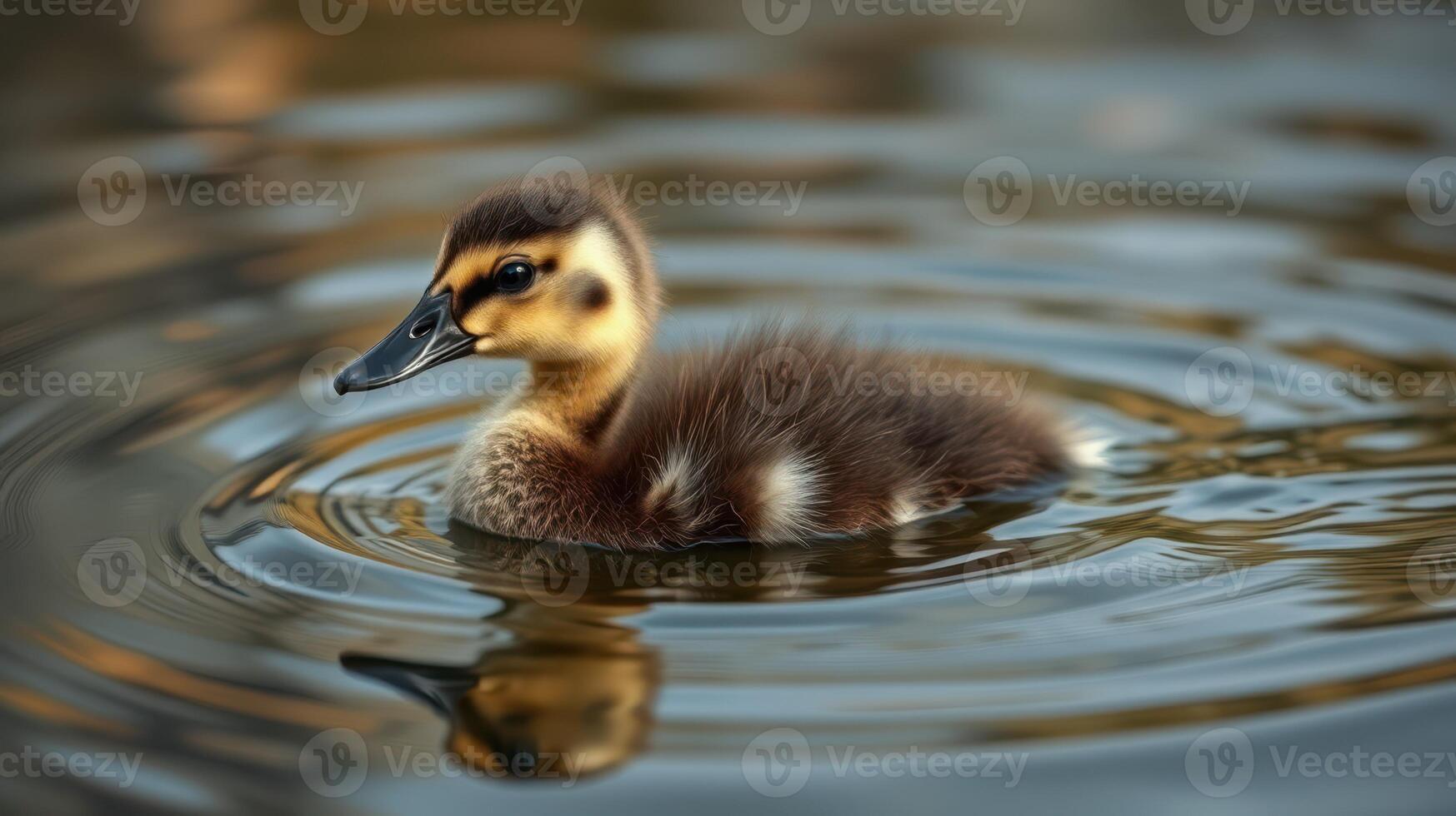 Duckling swimming gently in tranquil water during golden hour photo