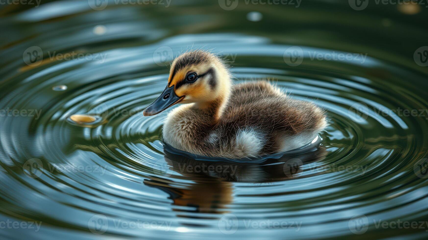 Cute duckling swimming in a pond creating ripples on a sunny day photo