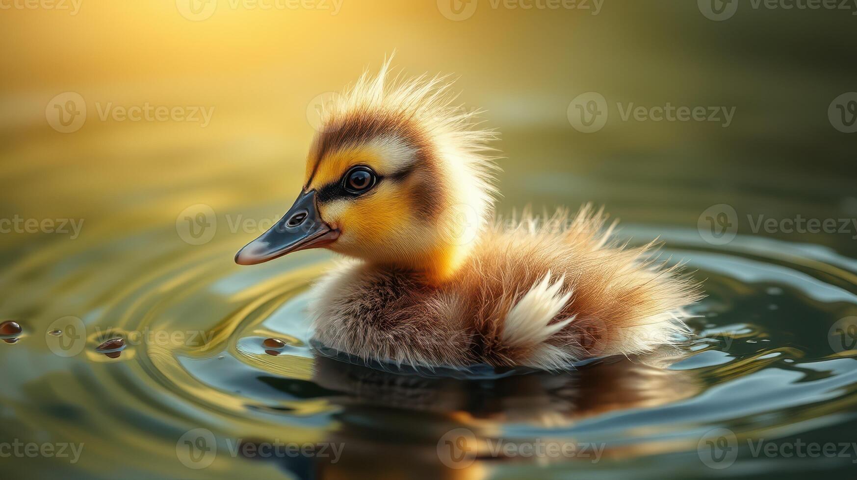 Cute duckling swims in tranquil water during a sunny afternoon near a peaceful lake photo