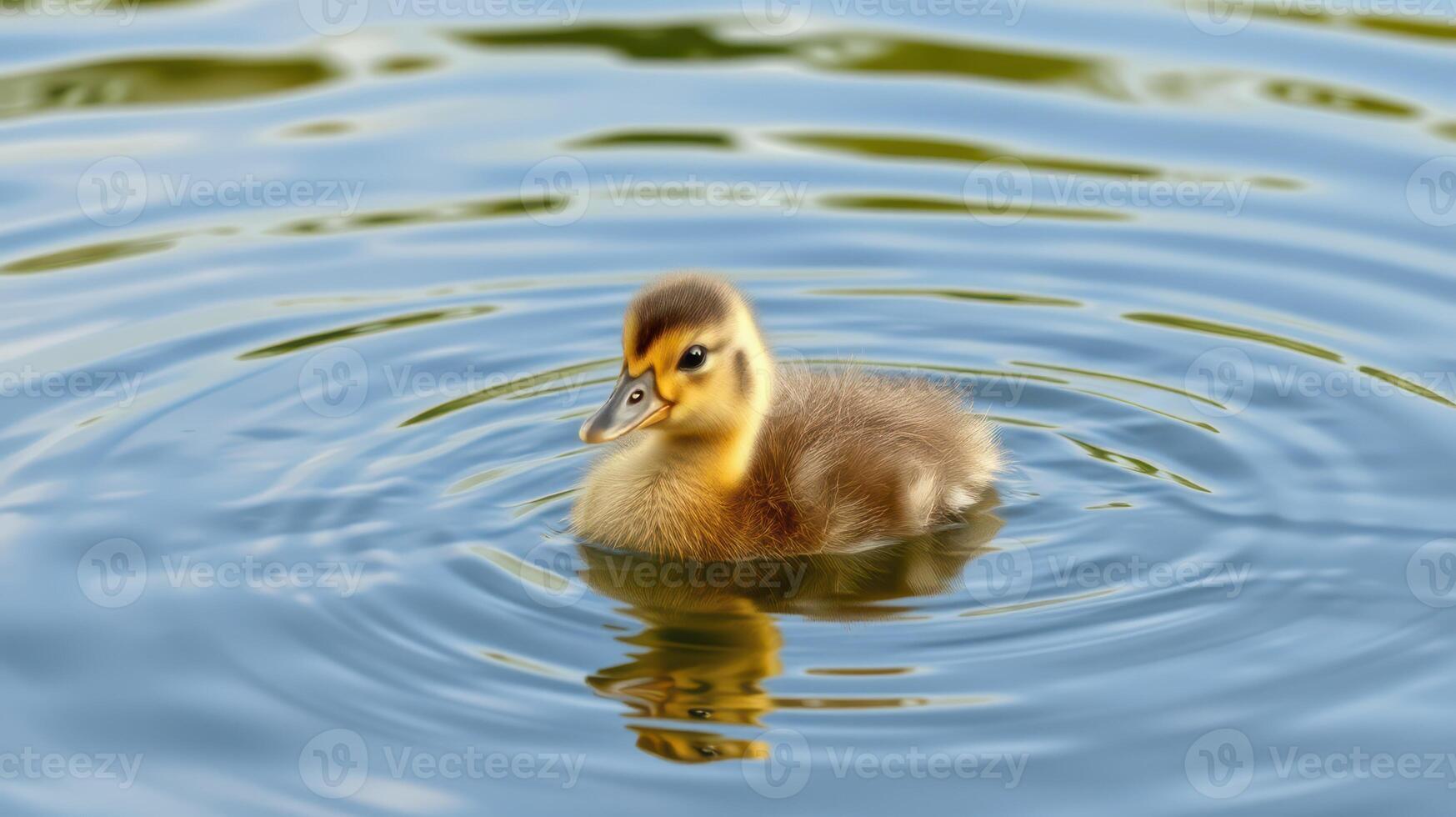 Young duckling swims gently in tranquil pond water surrounded by ripples on a sunny afternoon photo