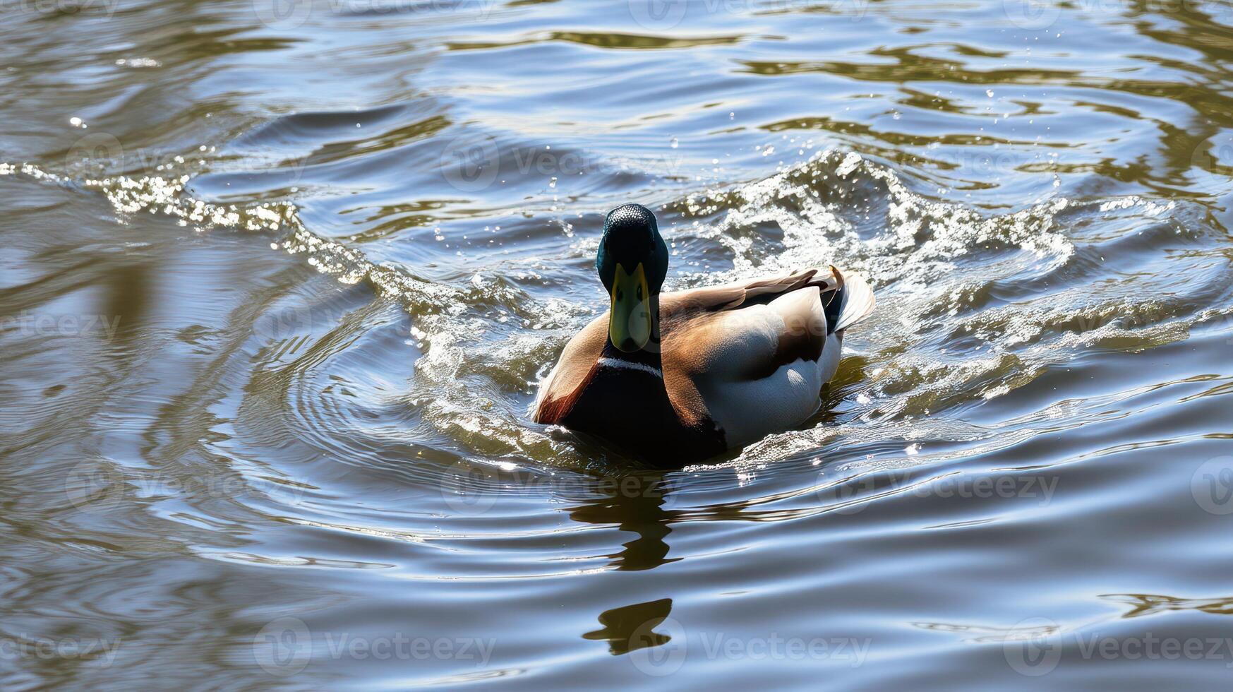Duck swimming gracefully in calm waters on a sunny day near a serene pond photo