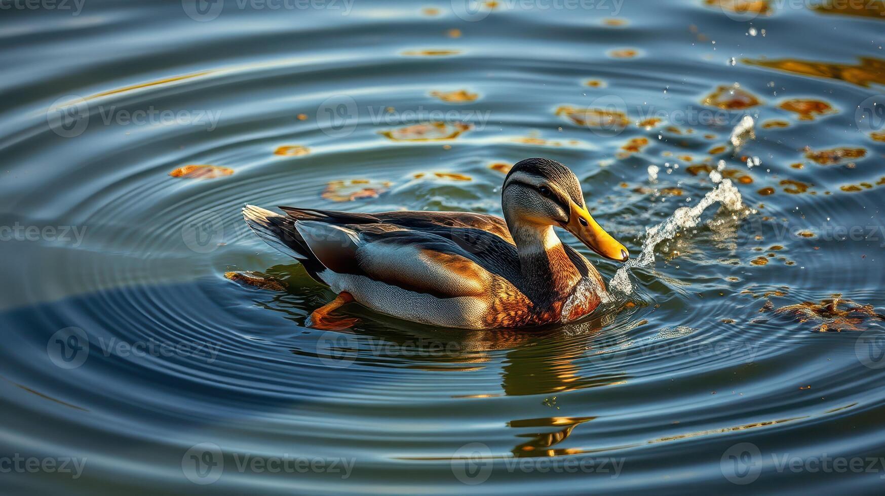 Duck swimming calmly in rippling water surrounded by nature at a serene lake during golden hour photo