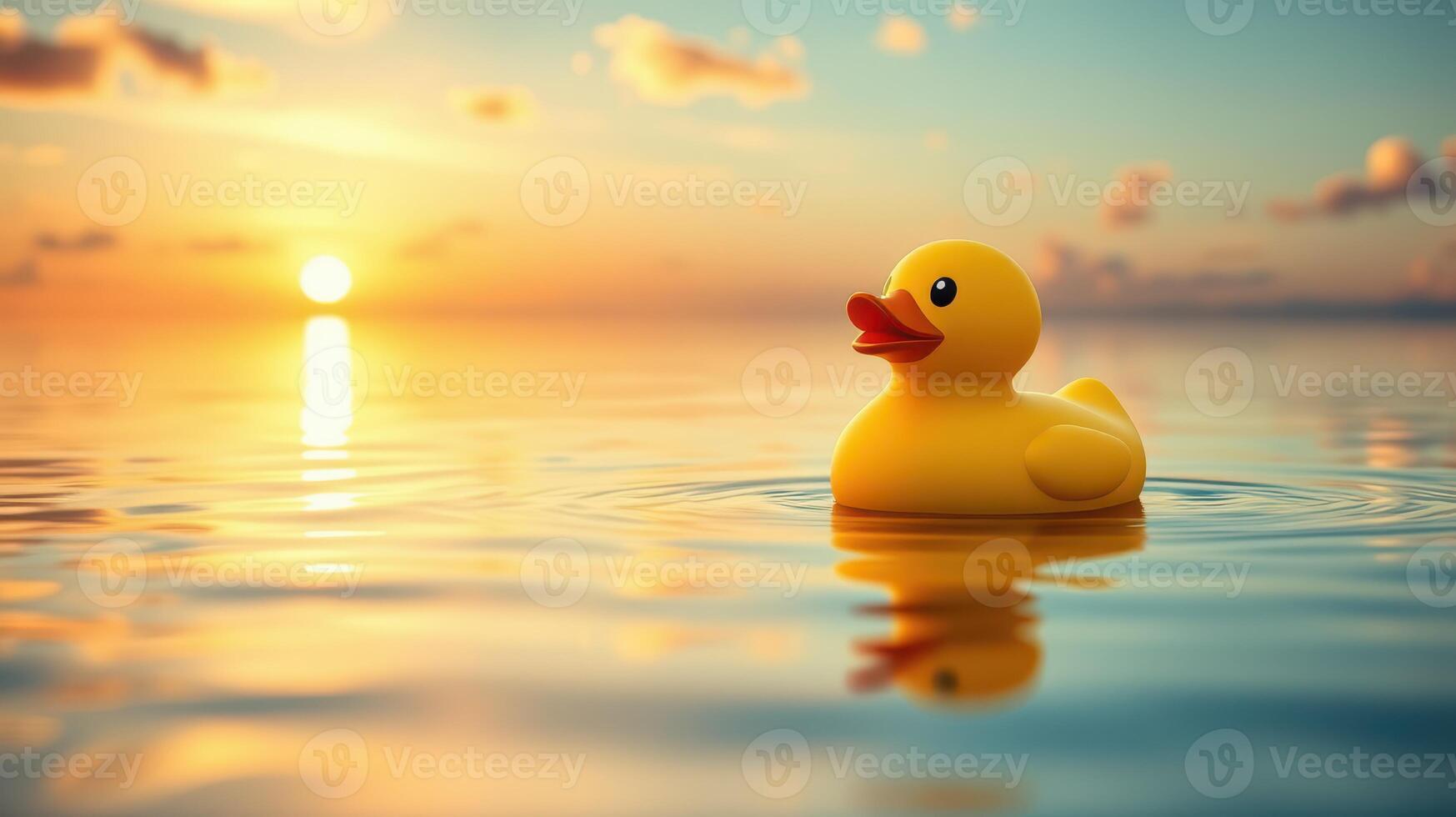 Bright yellow rubber duck floats serenely on calm water during vibrant sunset with colorful sky photo