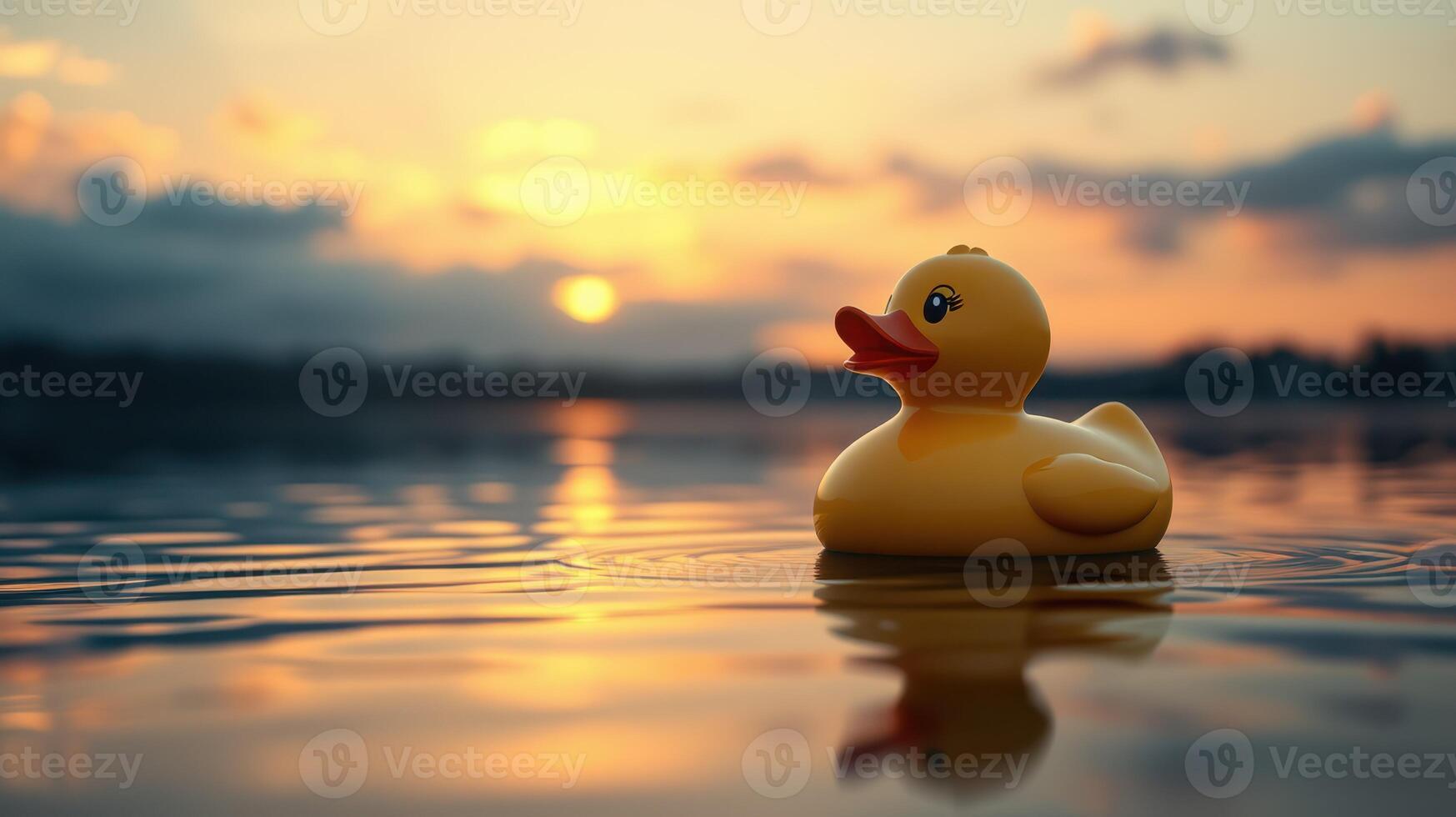 Bright yellow rubber duck floats serenely on a lake at sunset with vibrant skies reflecting on the water photo