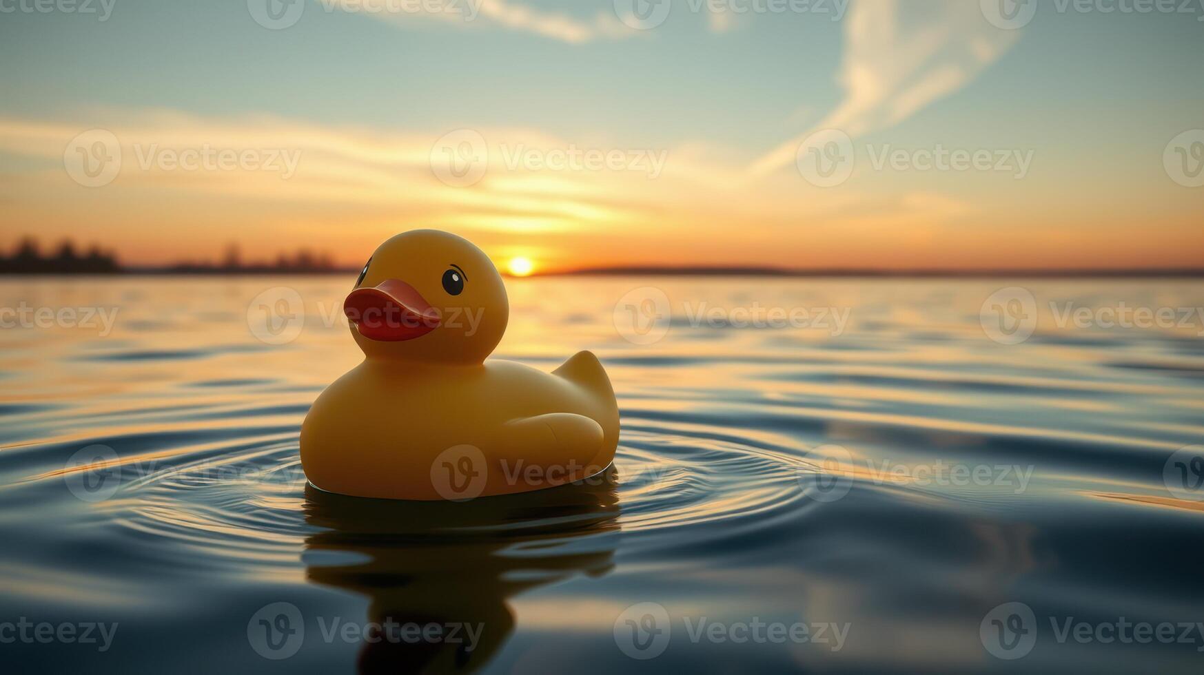 Floating rubber duck reflects sunset colors on calm water surface at a serene lakeside photo