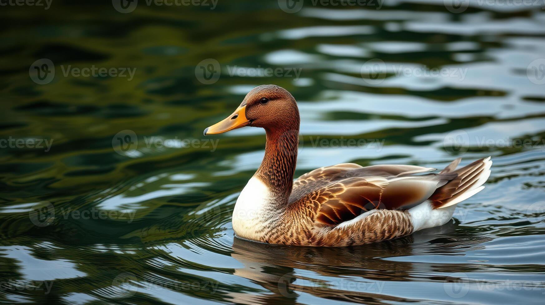 Brown duck swimming gracefully in a serene lake surrounded by lush greenery during a sunny day photo