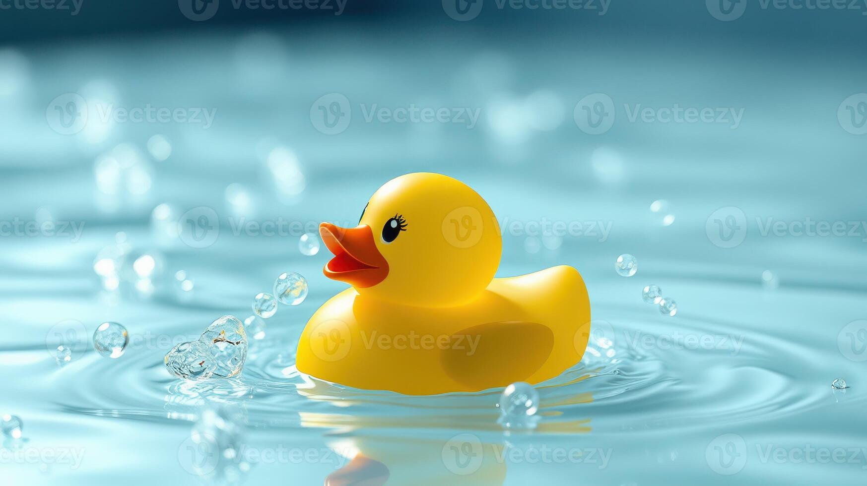 Floating in a serene pond, a yellow rubber duck plays amidst gentle ripples and beads of water splashing around photo