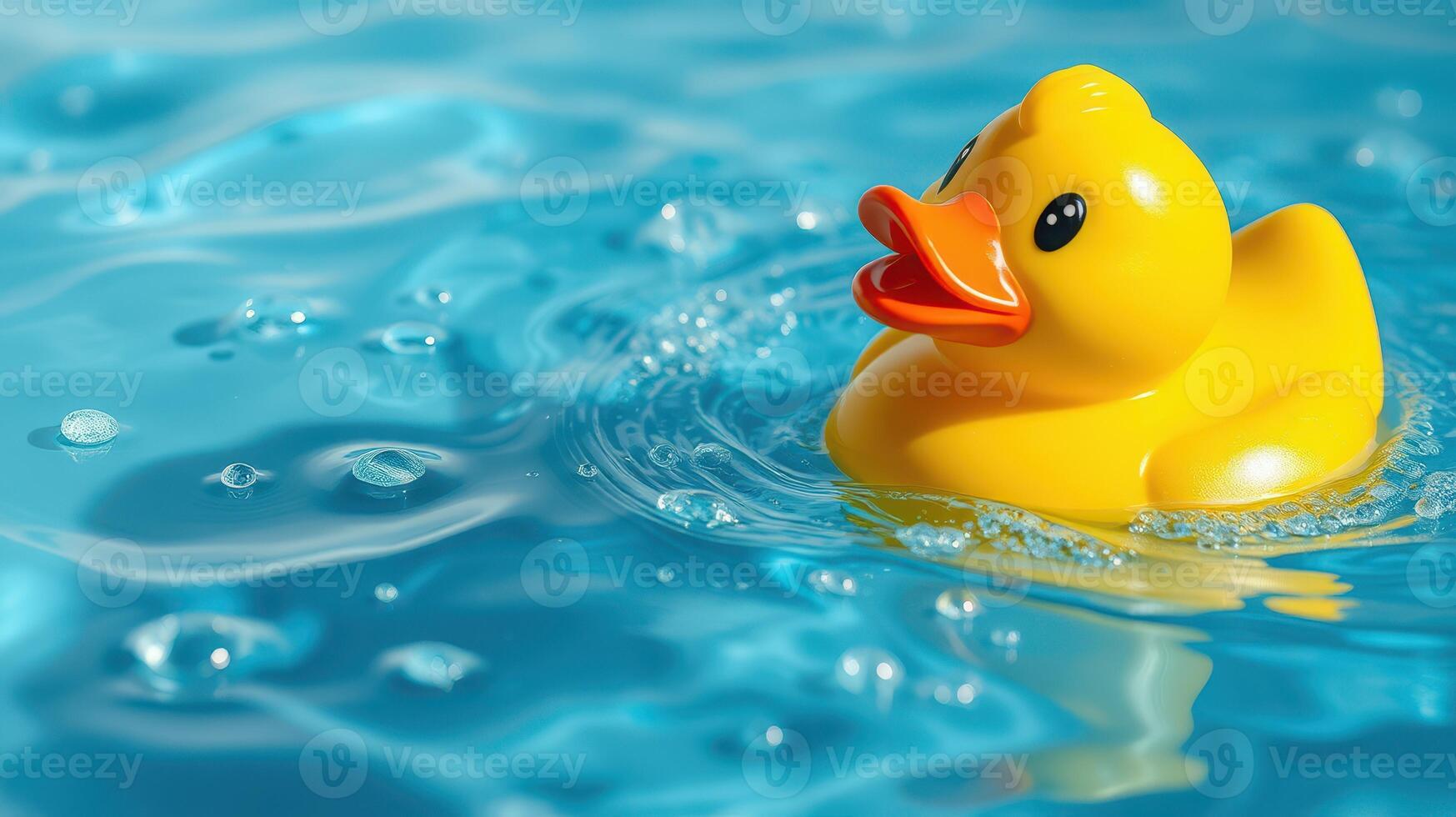 Yellow rubber duck floating in clear water on a sunny day creating playful ripples photo