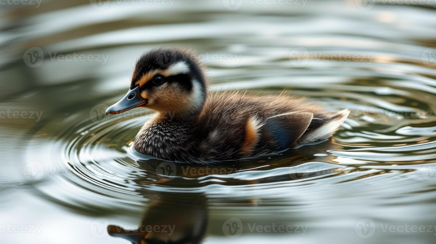 Duckling swims gently in a tranquil pond during afternoon hours in a serene natural setting photo