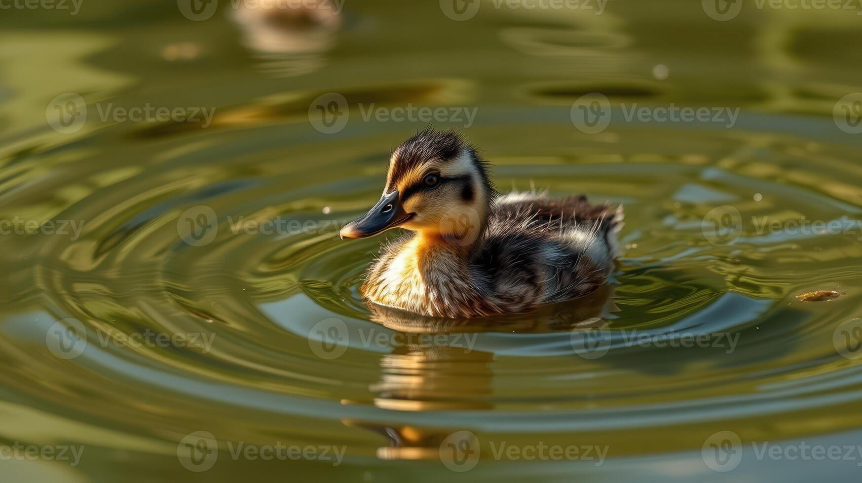 Duckling swims gracefully in calm rippling water at a serene pond during golden hour light photo
